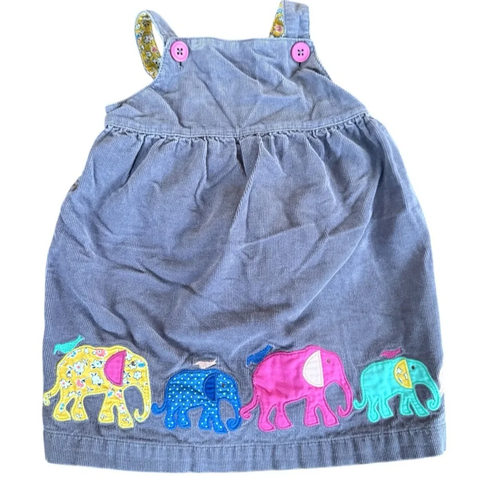 Baby Boden Elephant Appliqué Grey Corduroy‎ Jumper Dress Yellow Lining 12-18 mo